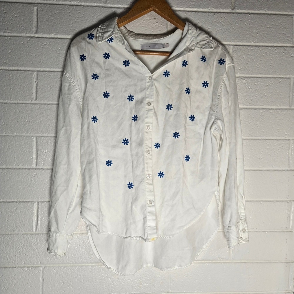 Billy T Embroidered Floral Button Up Shirt Large White Blue Lyocell Boho Resort